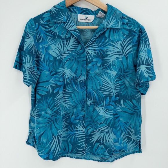 Y2K Erin London Silk Linen Top Womens Petite S Blue Leaf Tropical Vacation Boxy - Picture 1 of 6